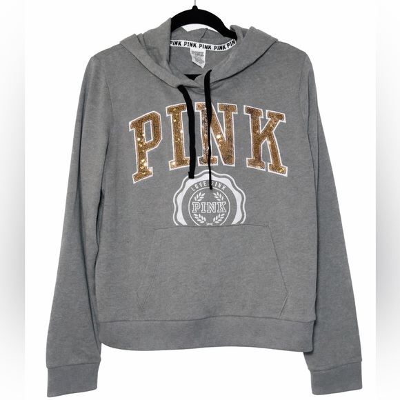 PINK Victoria's Secret Tops - PINK Victoria's Secret Women's Gray Bling Hooded Pullover Sweatshirt